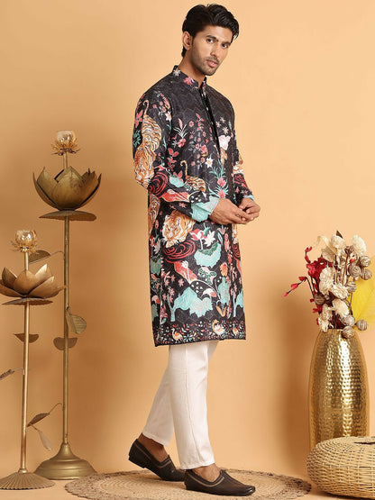 Men’s Black Floral Embroidered Kurta with Pyjamas – Elegant Ethnic Wear