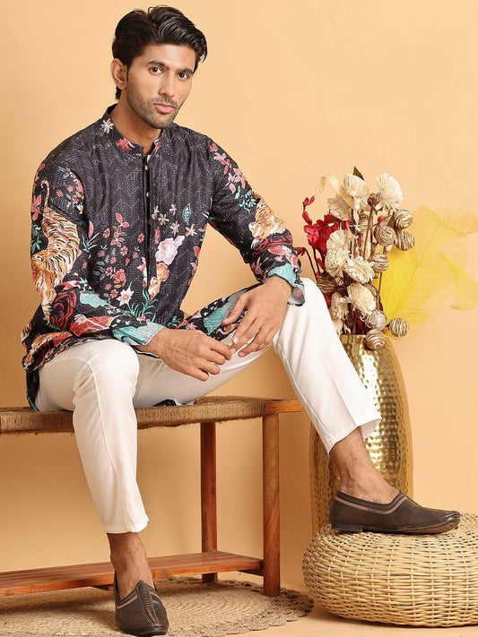 Men’s Black Floral Embroidered Kurta with Pyjamas – Elegant Ethnic Wear