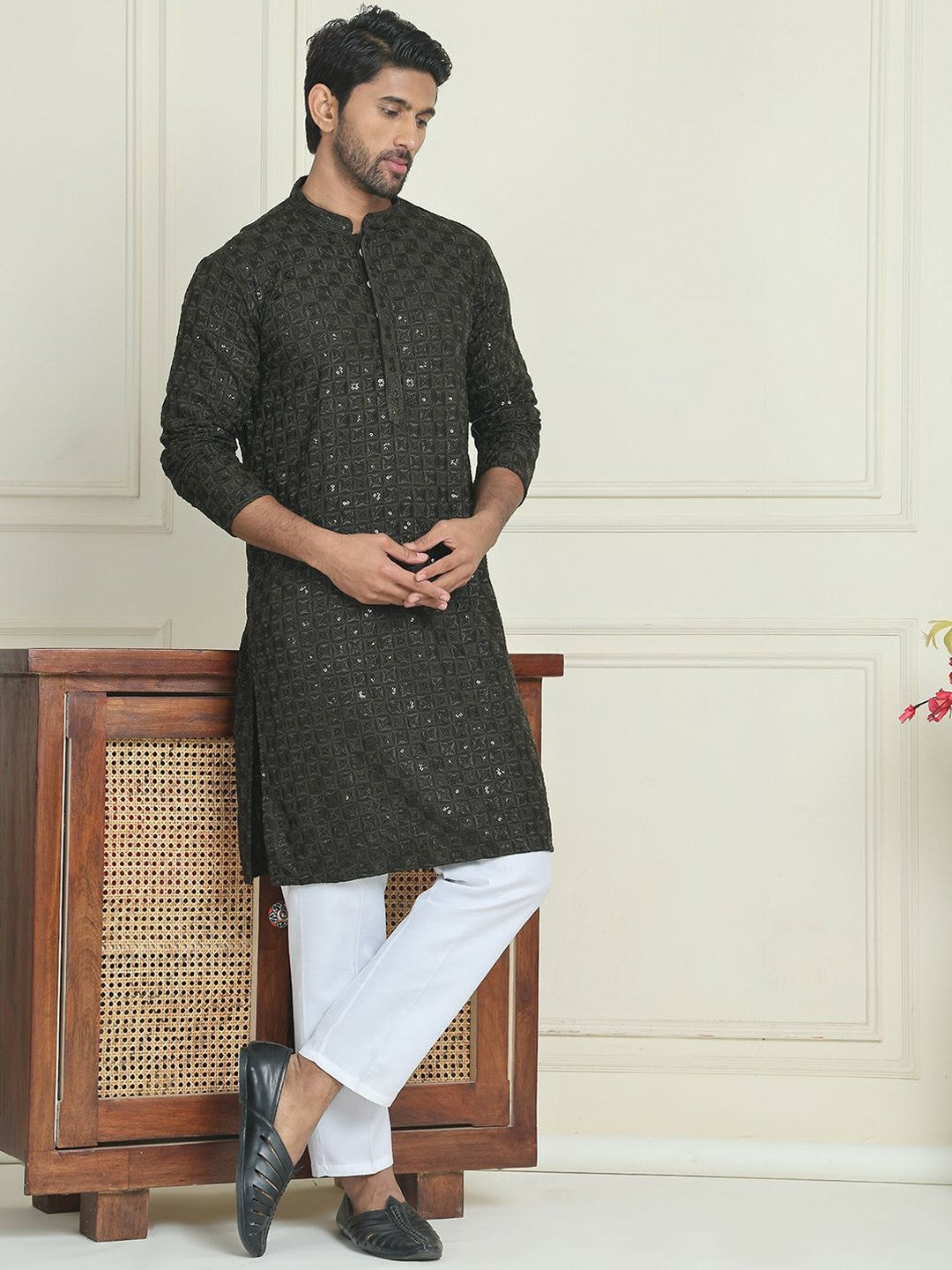 Men’s Olive Green Embroidered Kurta with White Trousers – Modern Ethnic Sophistication