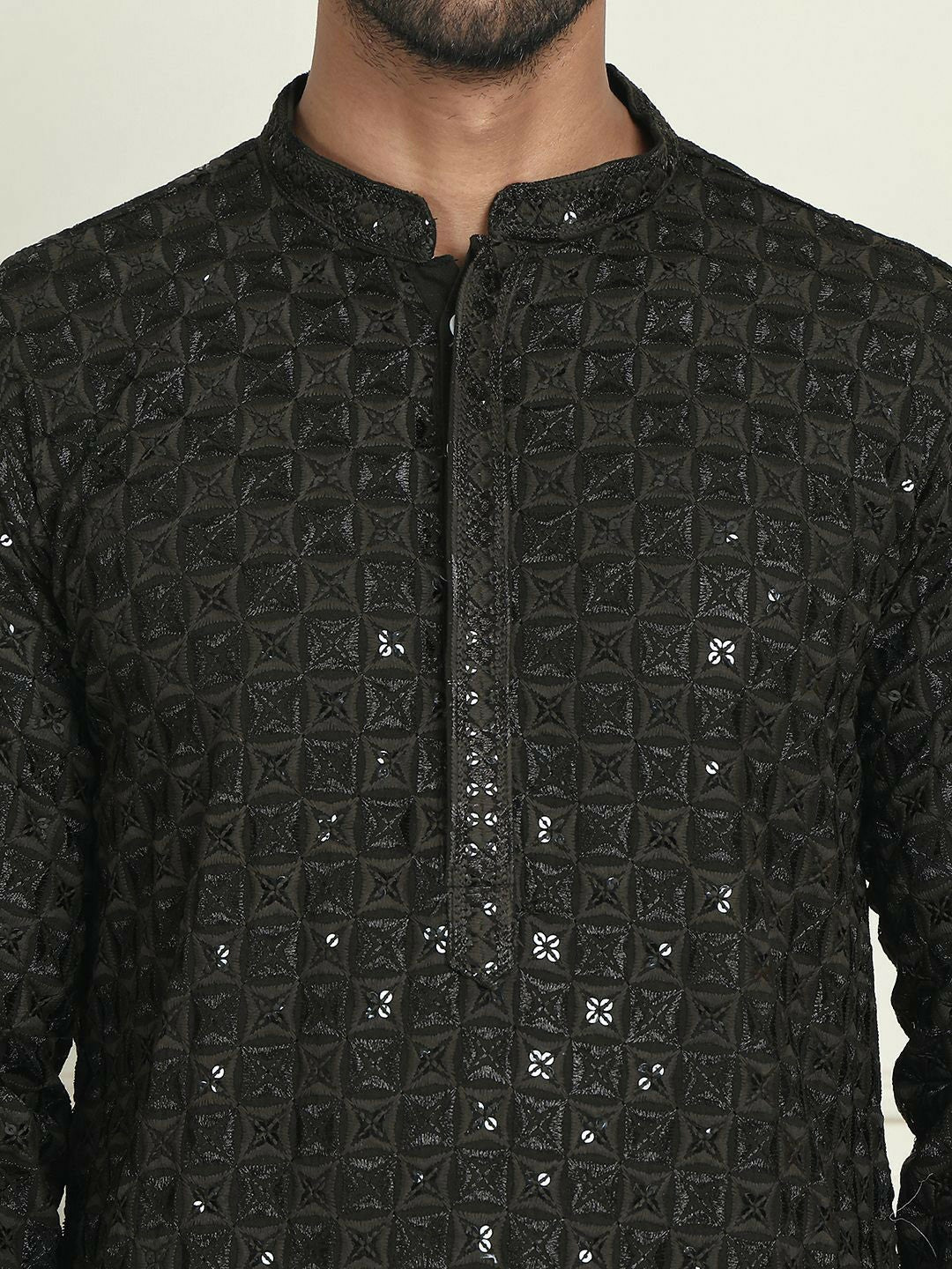 Men’s Olive Green Embroidered Kurta with White Trousers – Modern Ethnic Sophistication