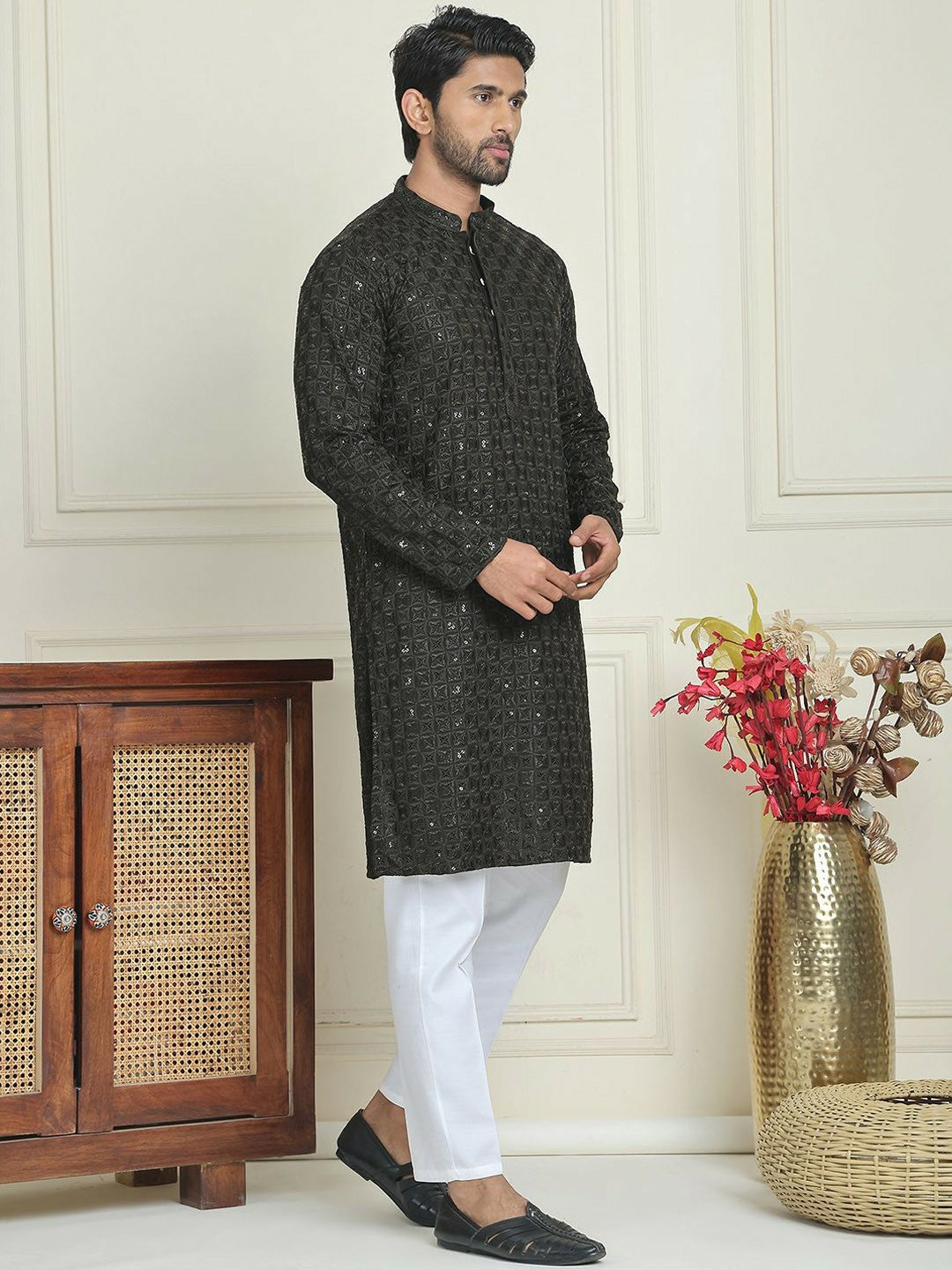 Men’s Olive Green Embroidered Kurta with White Trousers – Modern Ethnic Sophistication