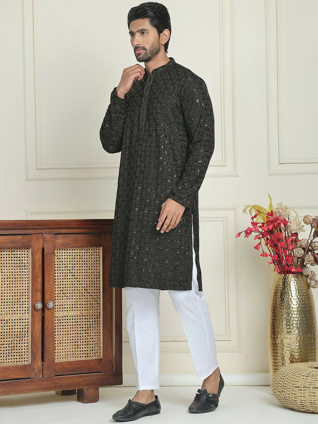 Men’s Olive Green Embroidered Kurta with White Trousers – Modern Ethnic Sophistication
