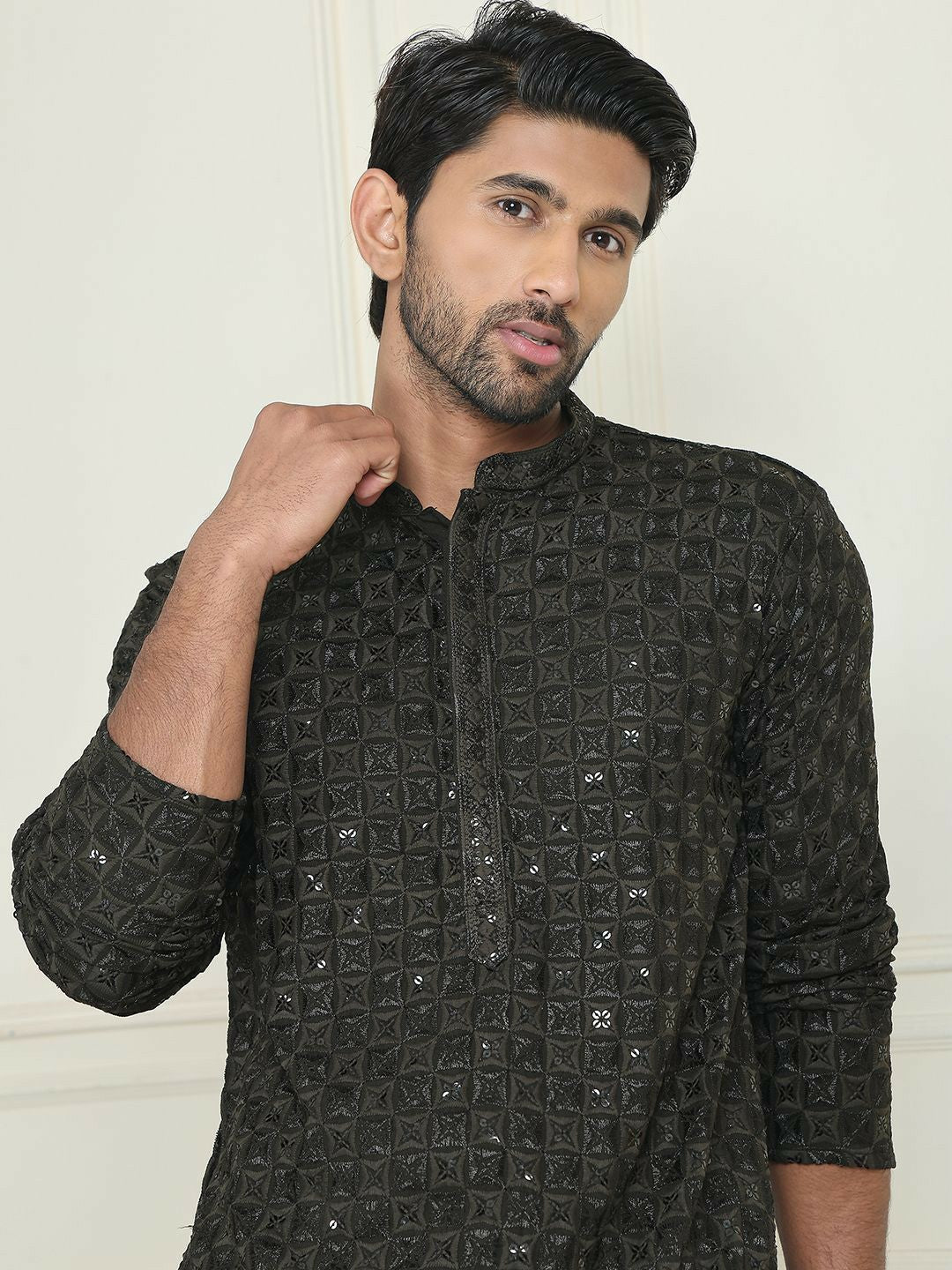 Men’s Olive Green Embroidered Kurta with White Trousers – Modern Ethnic Sophistication