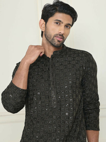 Men’s Olive Green Embroidered Kurta with White Trousers – Modern Ethnic Sophistication