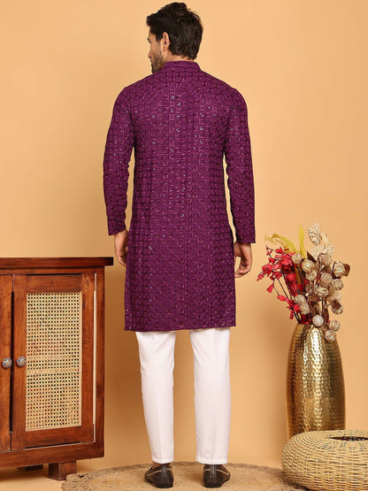 Men’s Purple Embroidered Kurta with White Trousers – Elegant Ethnic Style for Celebrations