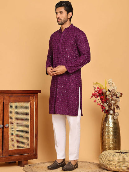 Men’s Purple Embroidered Kurta with White Trousers – Elegant Ethnic Style for Celebrations