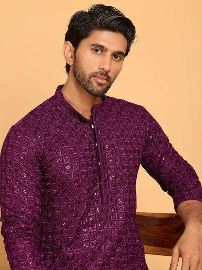 Men’s Purple Embroidered Kurta with White Trousers – Elegant Ethnic Style for Celebrations