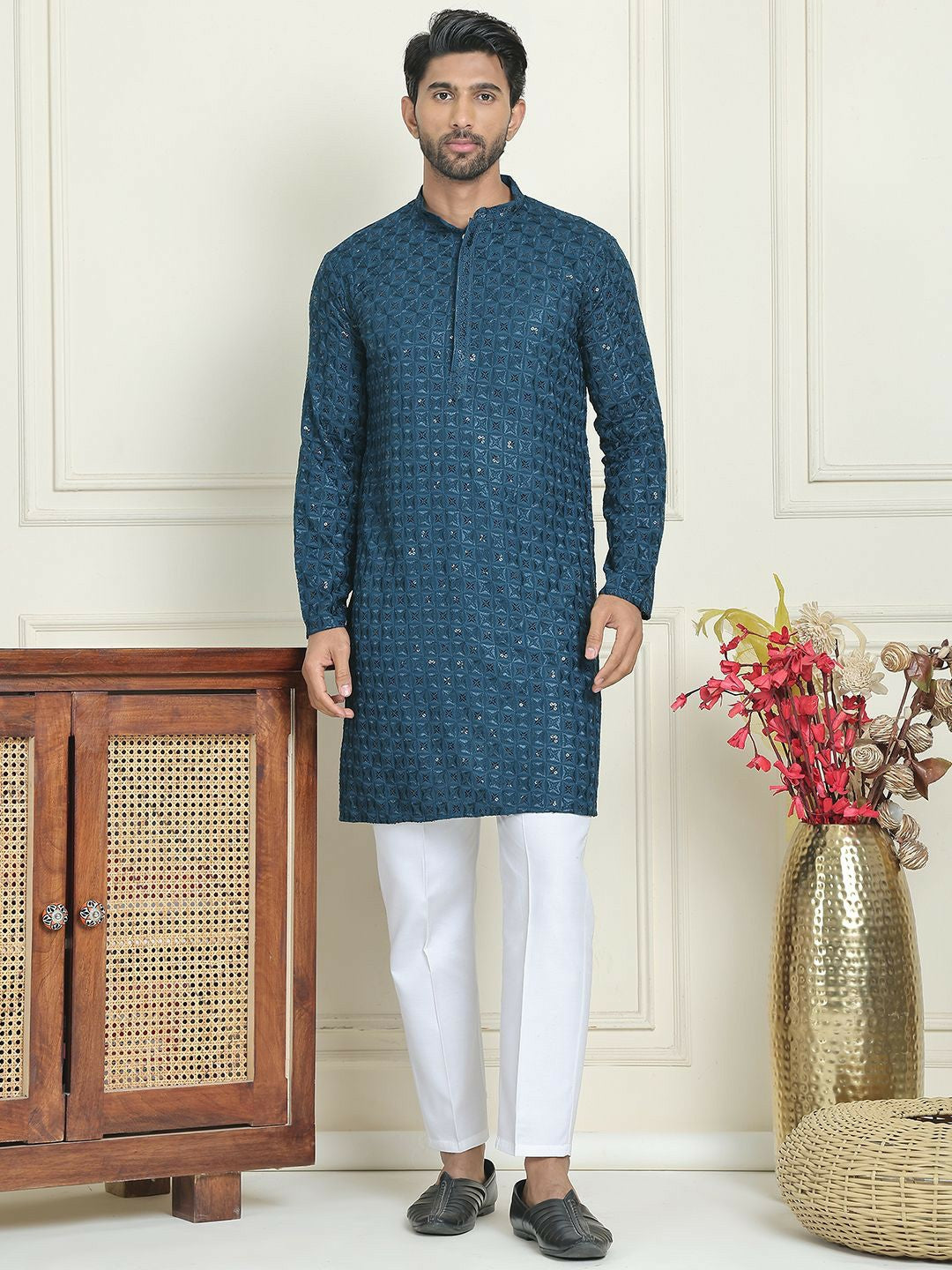 Men’s Teal Blue Embroidered Kurta with Trousers – Refined Festive Flair in Silver Accents