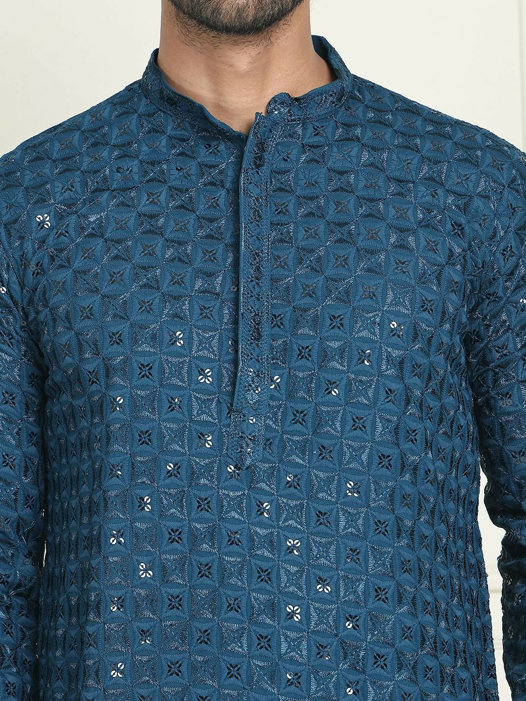 Men’s Teal Blue Embroidered Kurta with Trousers – Refined Festive Flair in Silver Accents