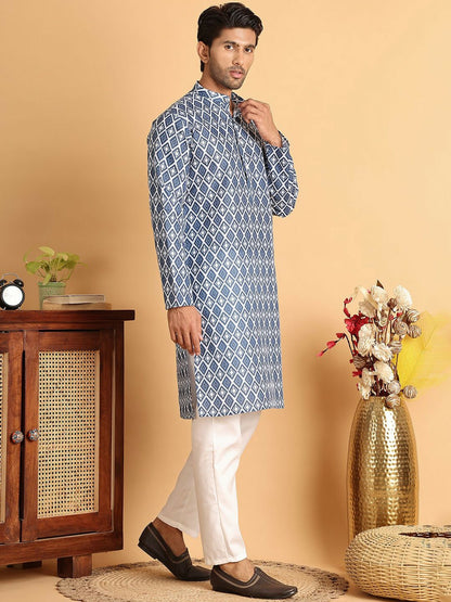 Kurta Set for Men – Blue Geometry-Inspired Elegance