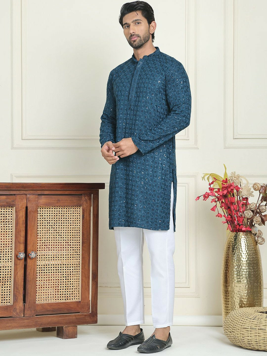 Men’s Teal Blue Embroidered Kurta with Trousers – Refined Festive Flair in Silver Accents