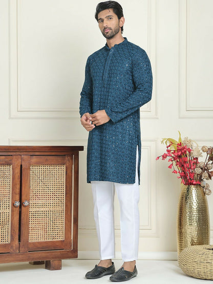 Men’s Teal Blue Embroidered Kurta with Trousers – Refined Festive Flair in Silver Accents
