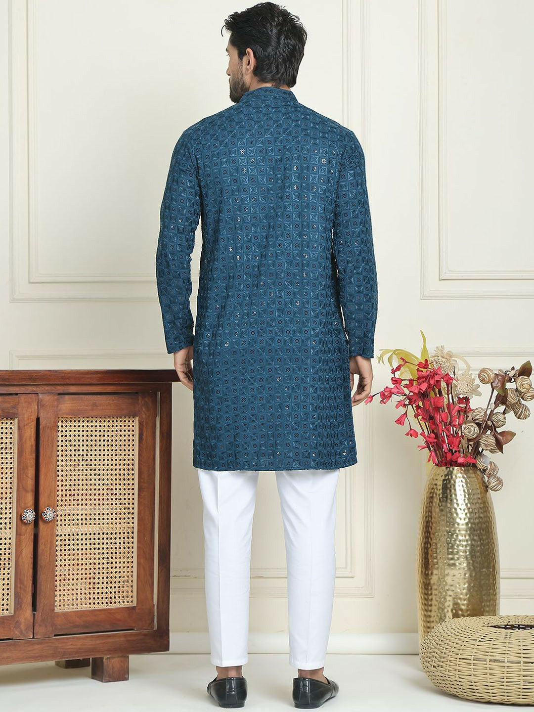 Men’s Teal Blue Embroidered Kurta with Trousers – Refined Festive Flair in Silver Accents