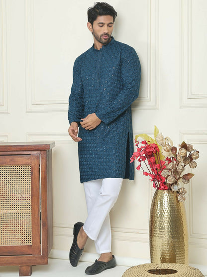 Men’s Teal Blue Embroidered Kurta with Trousers – Refined Festive Flair in Silver Accents