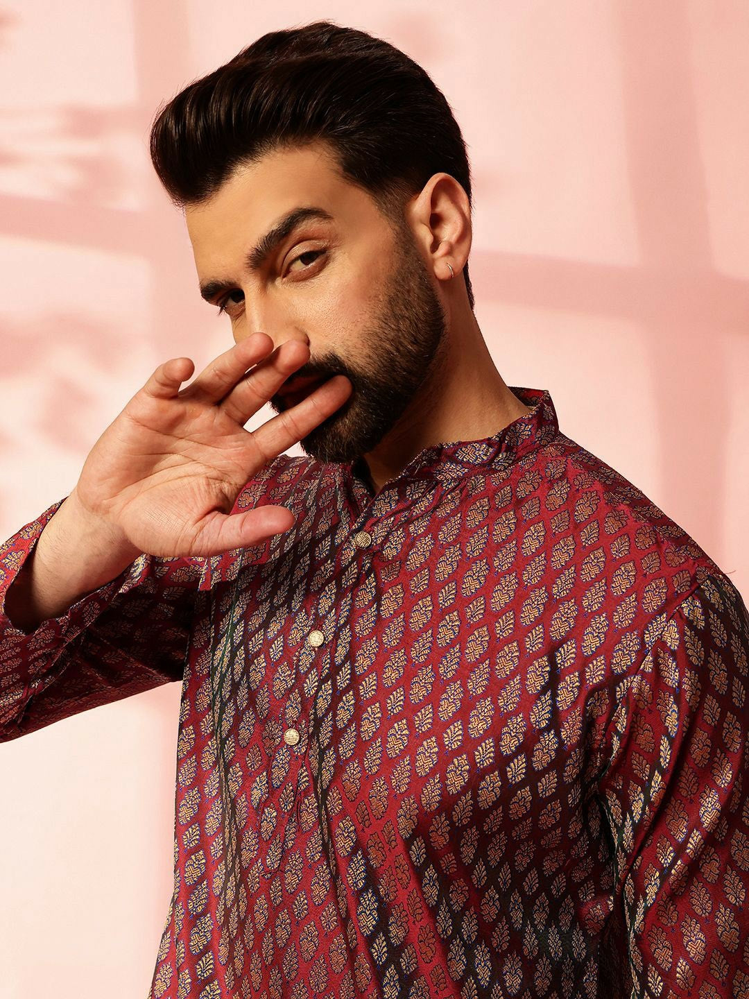 Men’s Maroon Woven Kurta with Pyjamas – Timeless Style for Festive Occasions