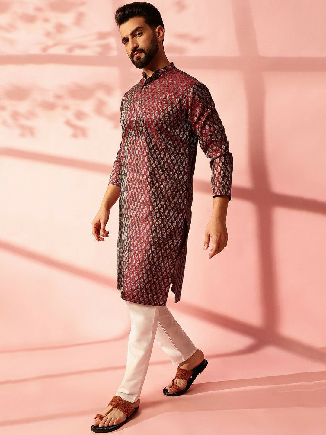 Men’s Maroon Woven Kurta with Pyjamas – Timeless Style for Festive Occasions