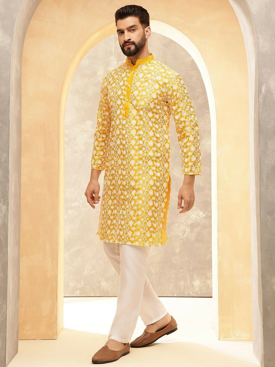 Men’s Mustard Floral Embroidered Kurta with Pyjamas – Radiate Festive Elegance