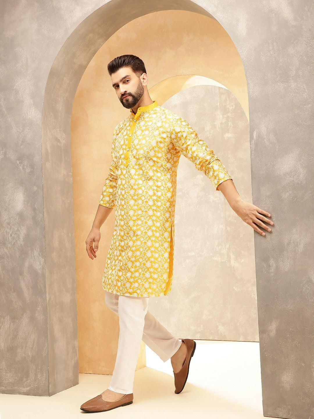 Men’s Mustard Floral Embroidered Kurta with Pyjamas – Radiate Festive Elegance