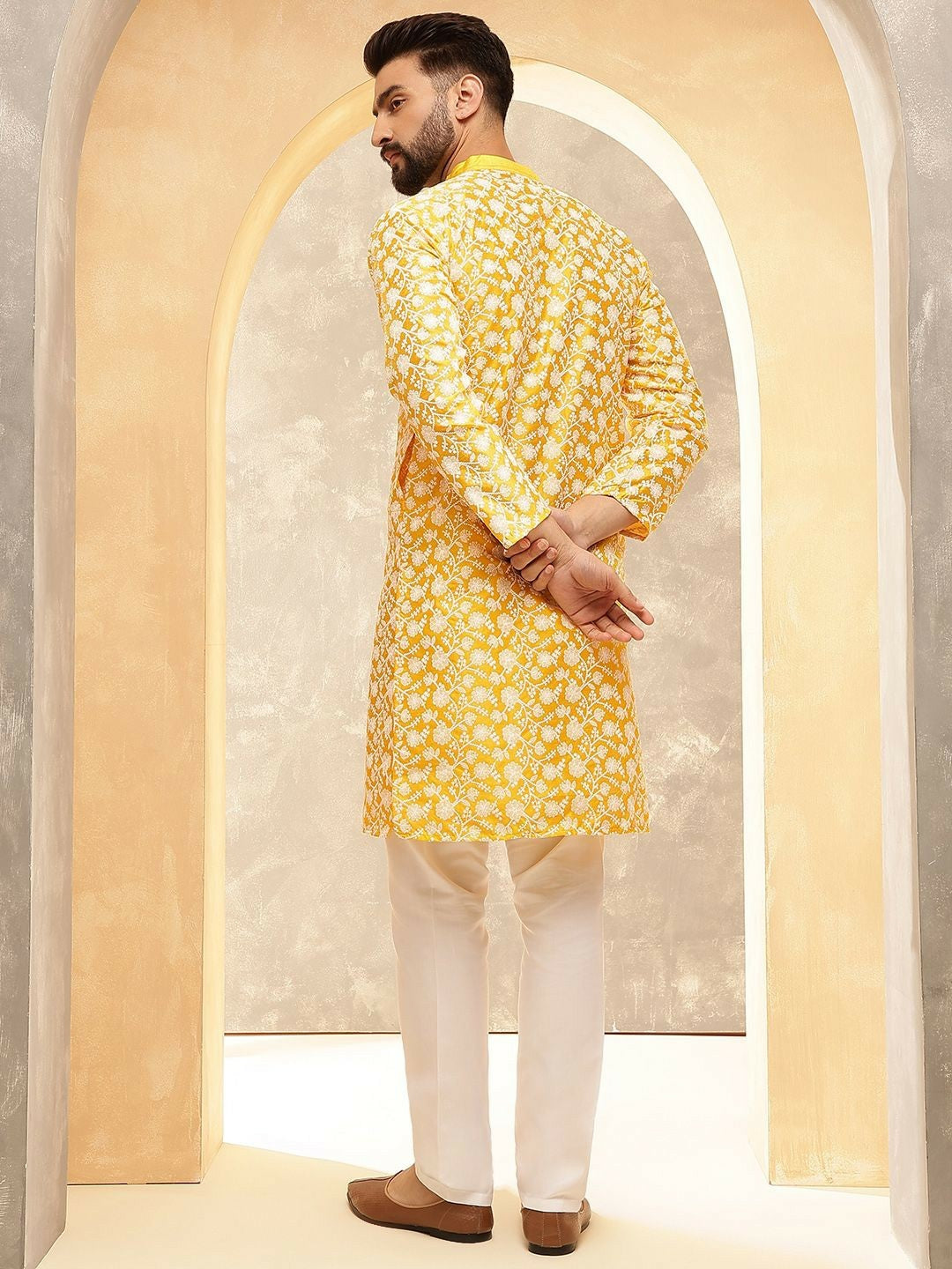 Men’s Mustard Floral Embroidered Kurta with Pyjamas – Radiate Festive Elegance