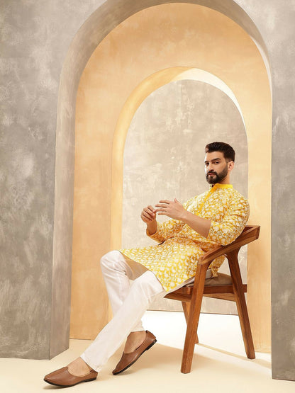 Men’s Mustard Floral Embroidered Kurta with Pyjamas – Radiate Festive Elegance
