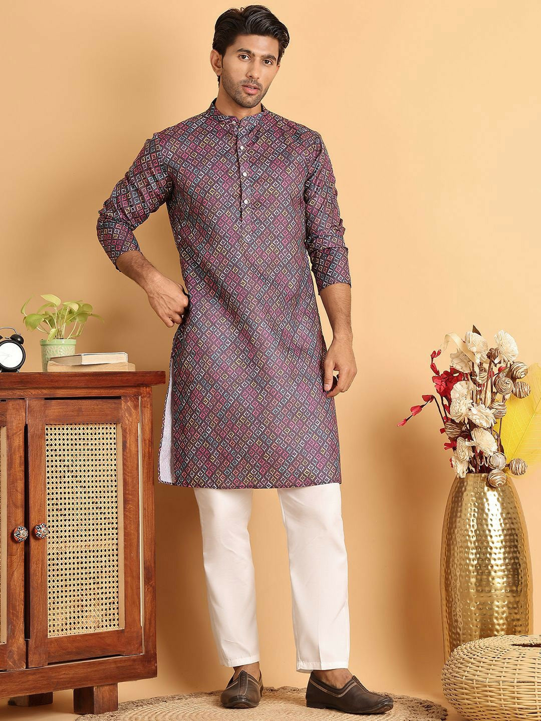 Men’s Purple Geometric Printed Kurta Set with Pyjamas