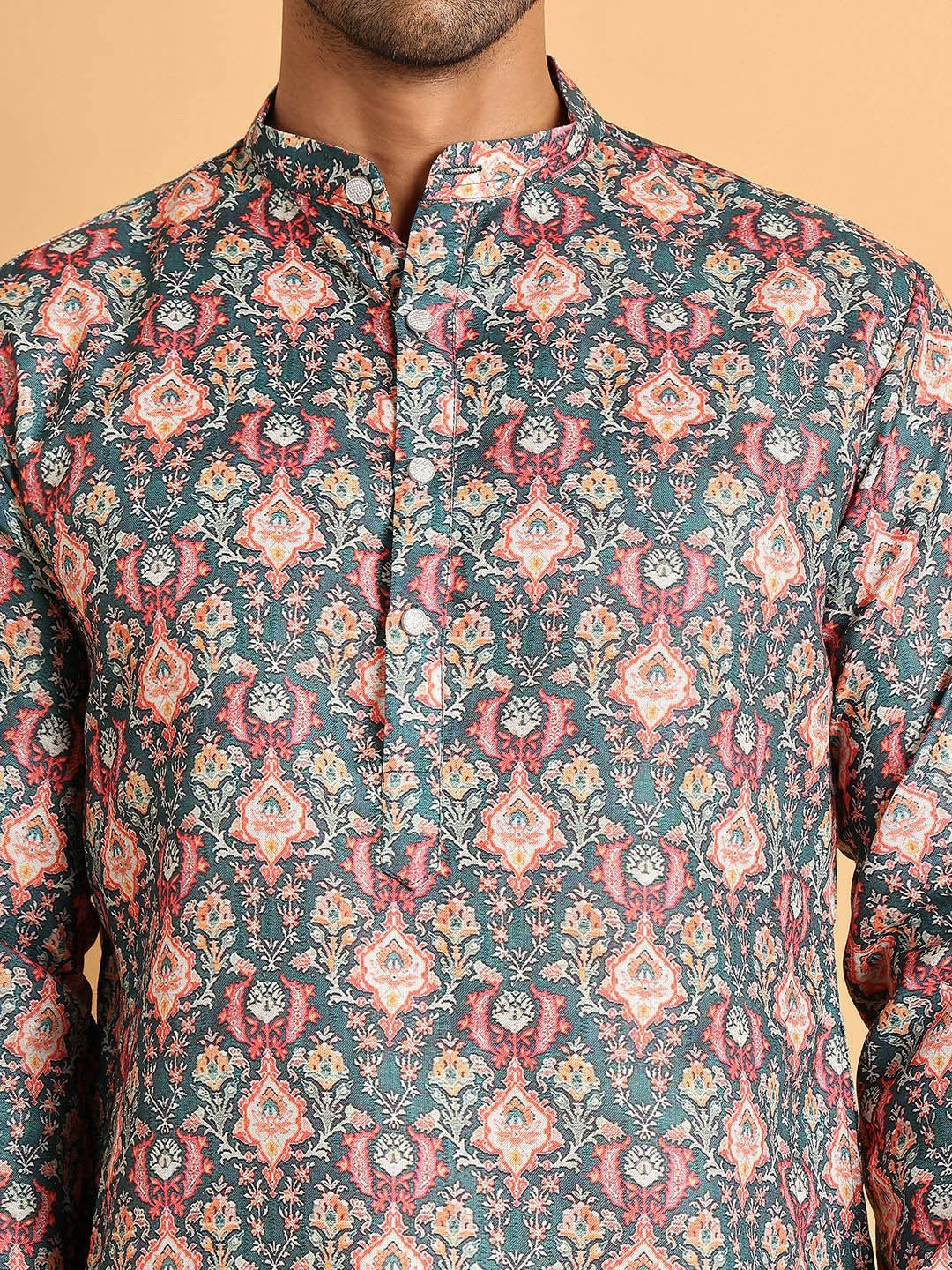 Men's Blue Floral Printed Cotton Blend Kurta Set with Pyjamas