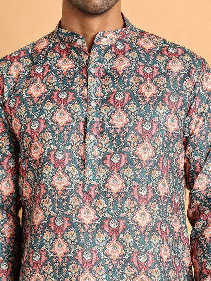 Men's Blue Floral Printed Cotton Blend Kurta Set with Pyjamas