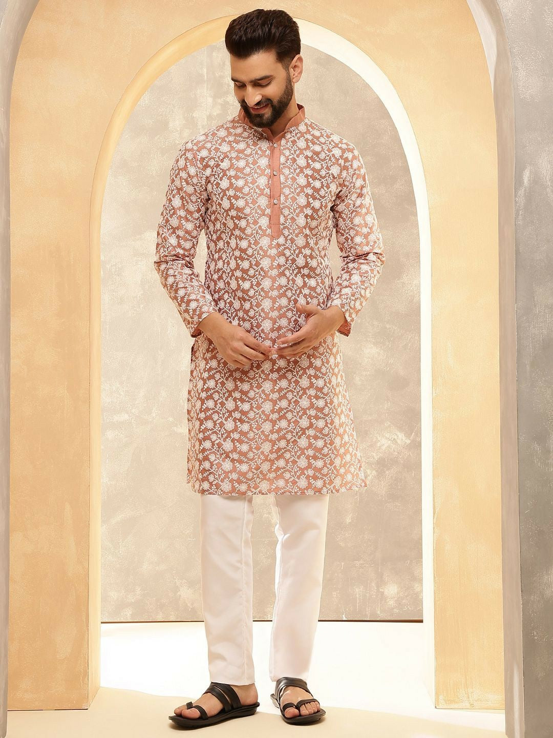 Men’s Peach Floral Embroidered Kurta with White Pyjamas – Soft Elegance for Festive Days