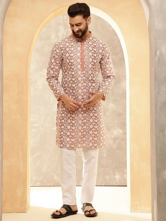 Men’s Peach Floral Embroidered Kurta with White Pyjamas – Soft Elegance for Festive Days