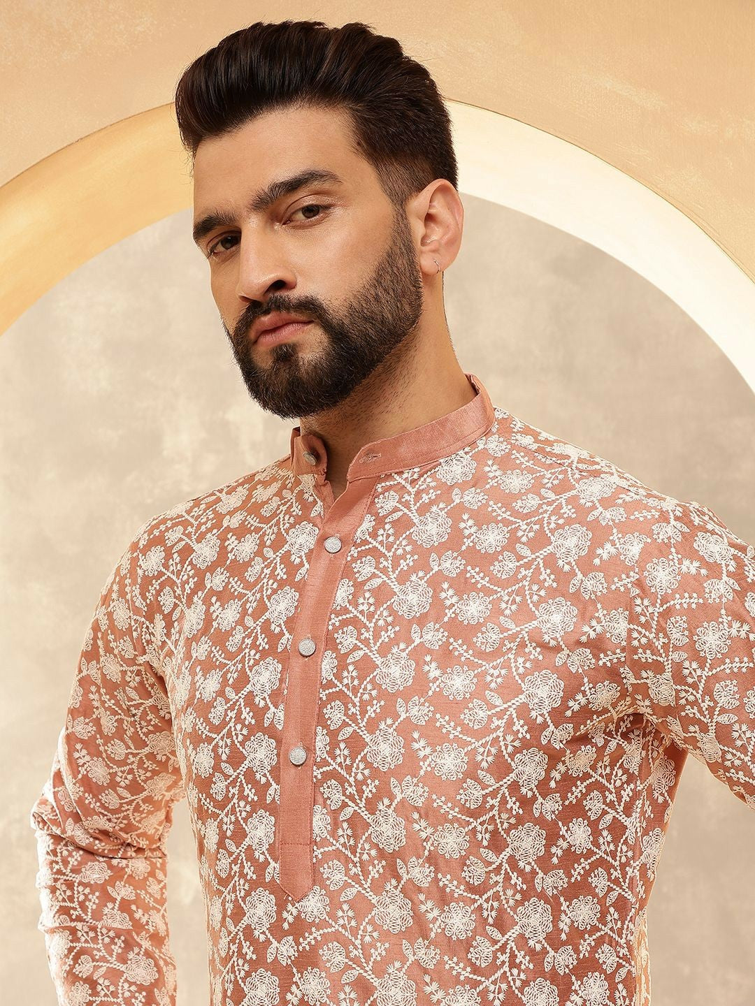 Men’s Peach Floral Embroidered Kurta with White Pyjamas – Soft Elegance for Festive Days