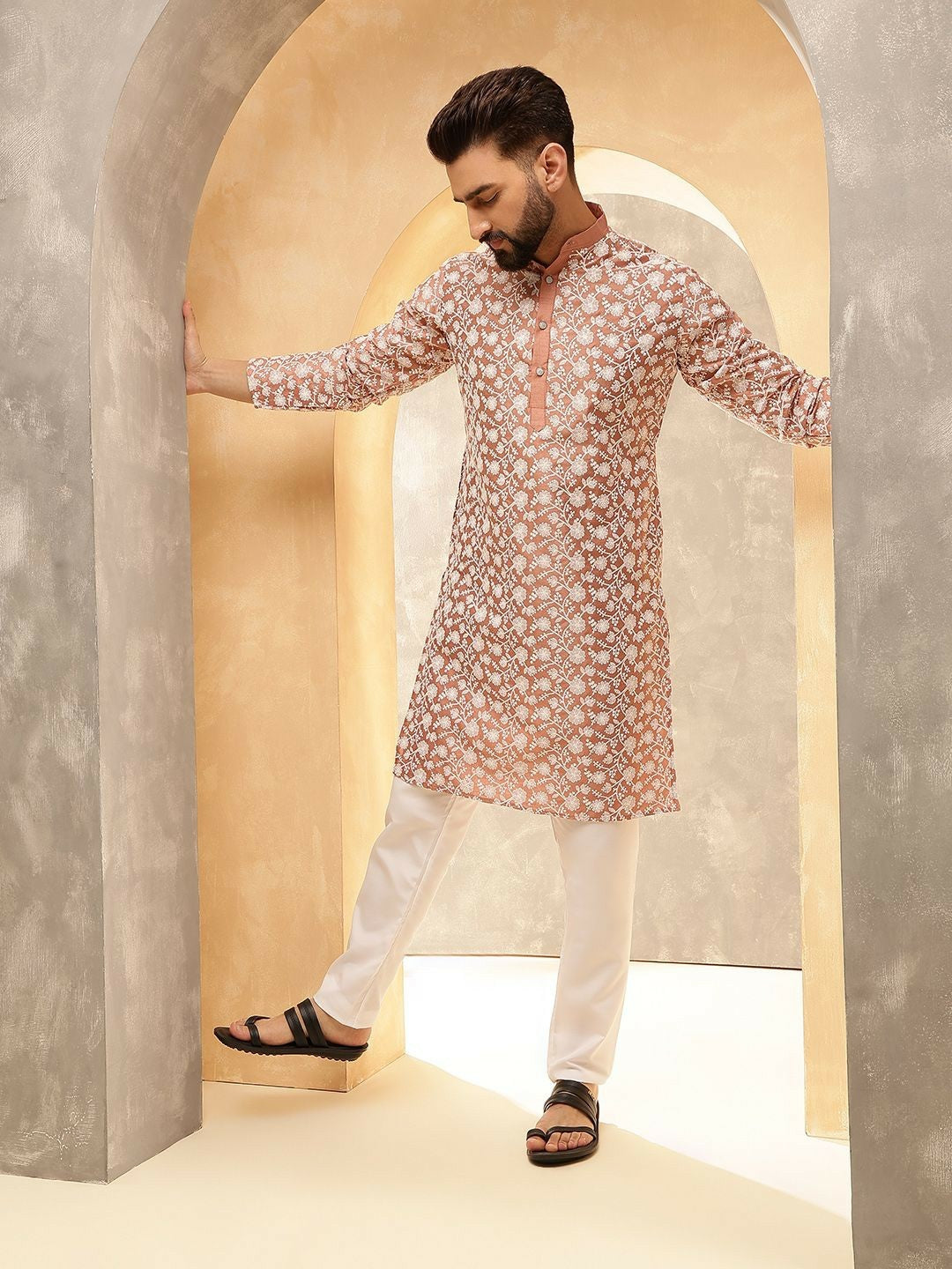 Men’s Peach Floral Embroidered Kurta with White Pyjamas – Soft Elegance for Festive Days