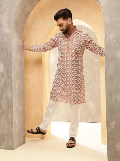 Men’s Peach Floral Embroidered Kurta with White Pyjamas – Soft Elegance for Festive Days