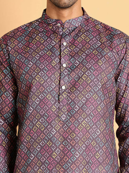 Men’s Purple Geometric Printed Kurta Set with Pyjamas