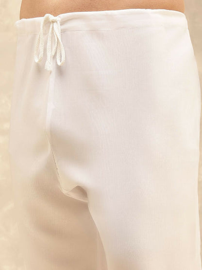 Men’s Peach Floral Embroidered Kurta with White Pyjamas – Soft Elegance for Festive Days
