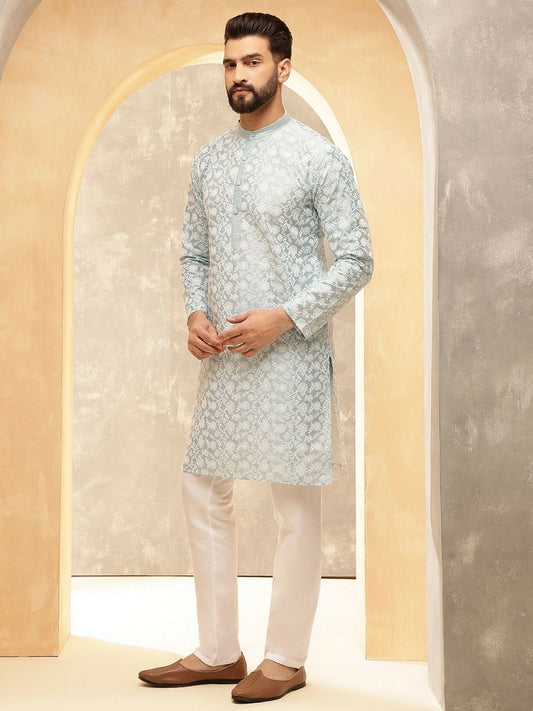 Men’s Grey Floral Embroidered Kurta with White Pyjamas – Graceful Elegance in Subtle Tones