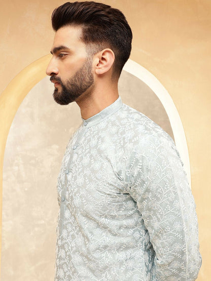 Men’s Grey Floral Embroidered Kurta with White Pyjamas – Graceful Elegance in Subtle Tones