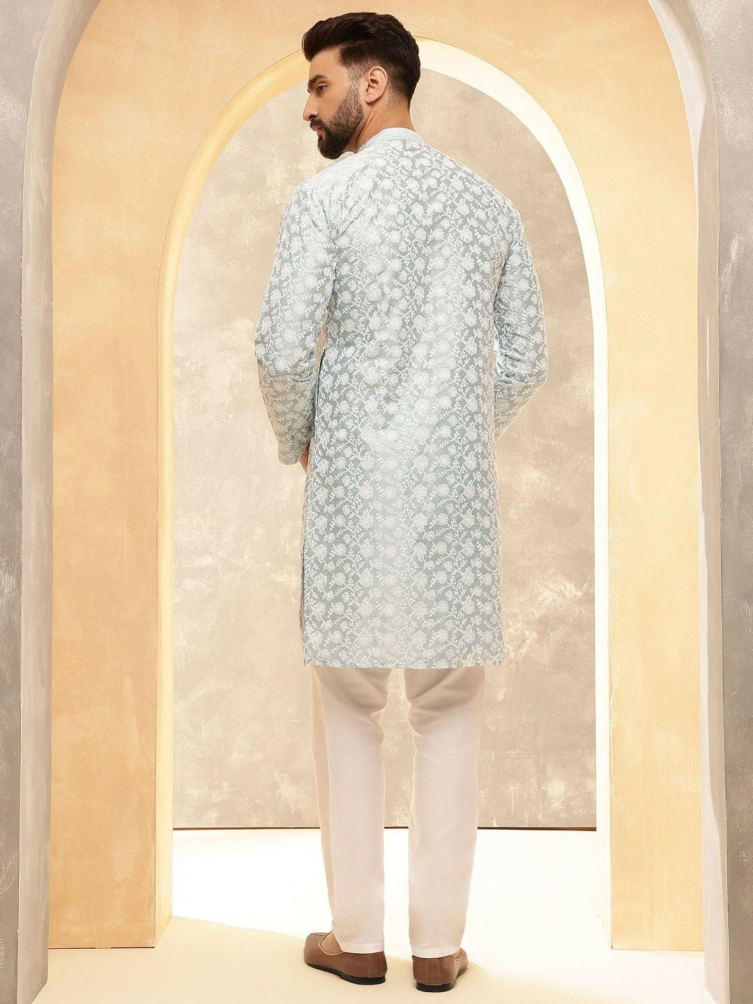 Men’s Grey Floral Embroidered Kurta with White Pyjamas – Graceful Elegance in Subtle Tones
