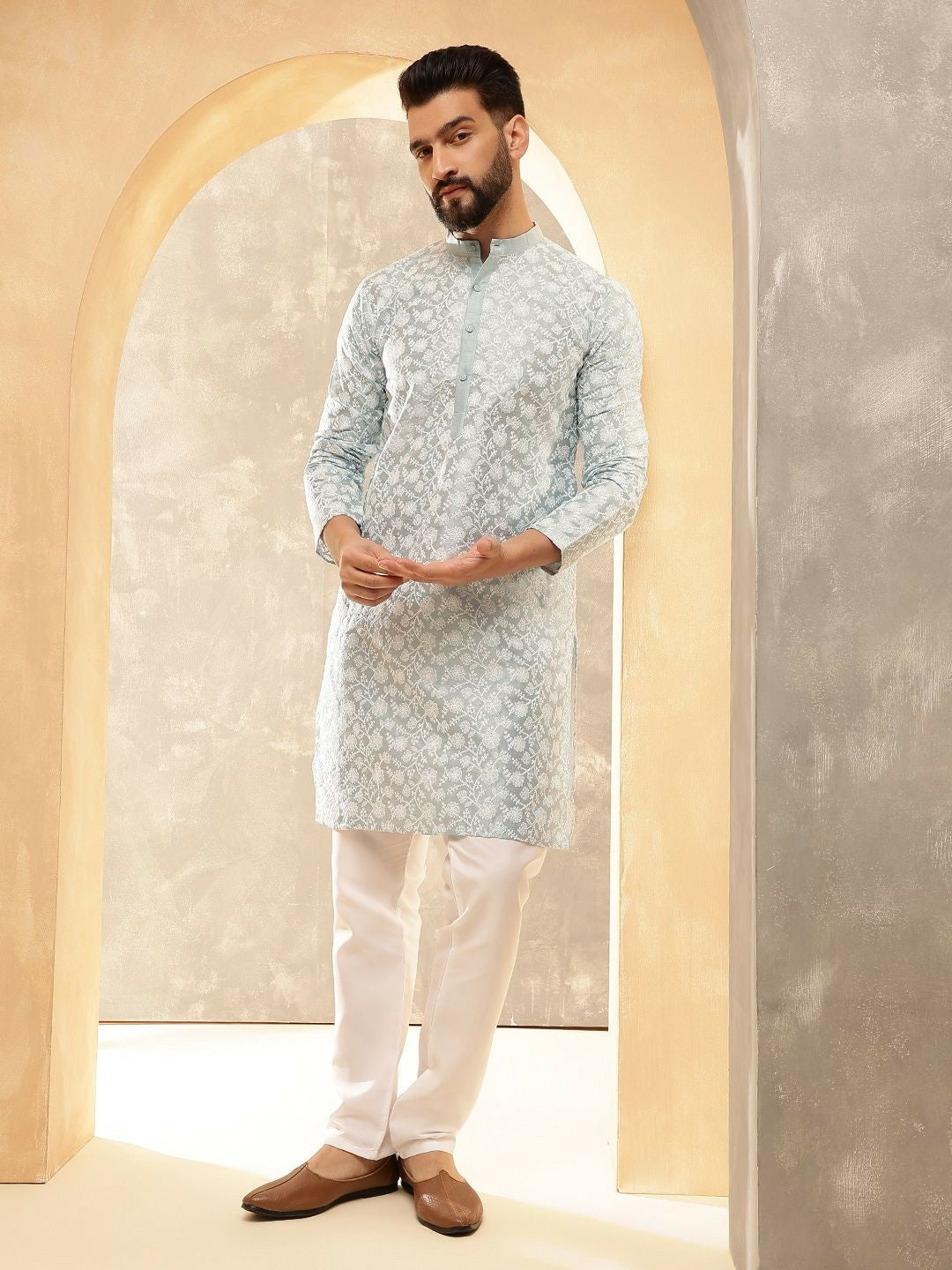 Men’s Grey Floral Embroidered Kurta with White Pyjamas – Graceful Elegance in Subtle Tones