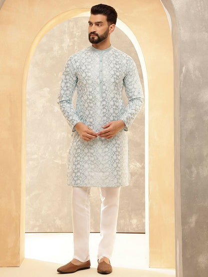 Men’s Grey Floral Embroidered Kurta with White Pyjamas – Graceful Elegance in Subtle Tones