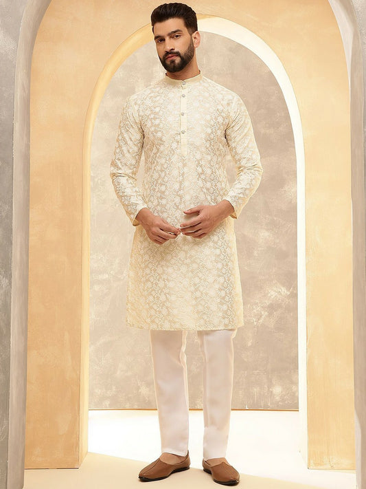 Men’s Cream Floral Embroidered Kurta with White Trousers – Understated Festive Charm