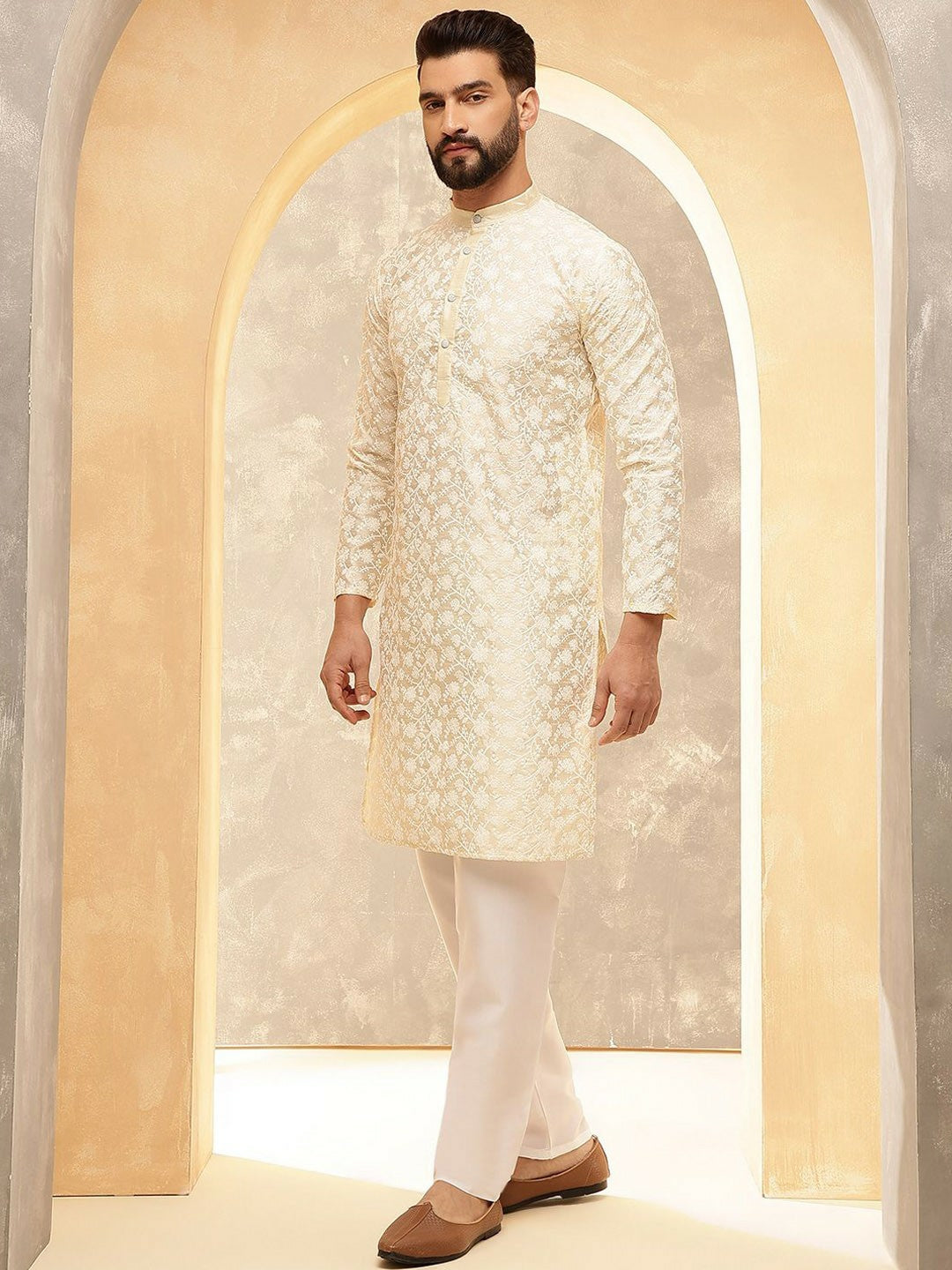 Men’s Cream Floral Embroidered Kurta with White Trousers – Understated Festive Charm