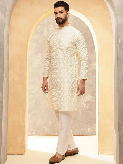 Men’s Cream Floral Embroidered Kurta with White Trousers – Understated Festive Charm