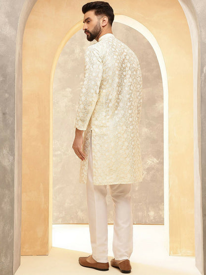Men’s Cream Floral Embroidered Kurta with White Trousers – Understated Festive Charm