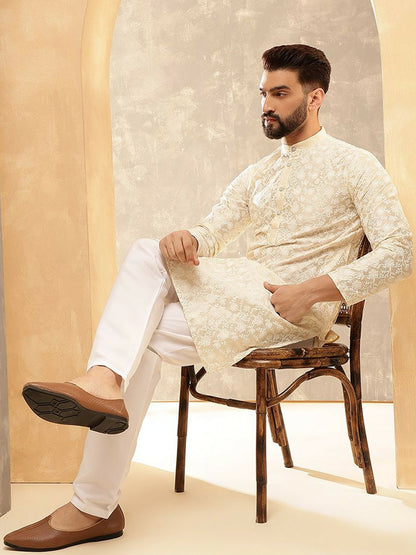 Men’s Cream Floral Embroidered Kurta with White Trousers – Understated Festive Charm