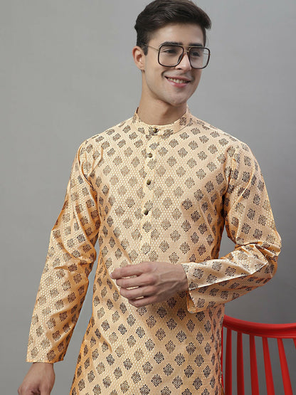 Men’s Peach & White Ethnic Motif Kurta with Pyjamas – Understated Elegance for Festive Moments