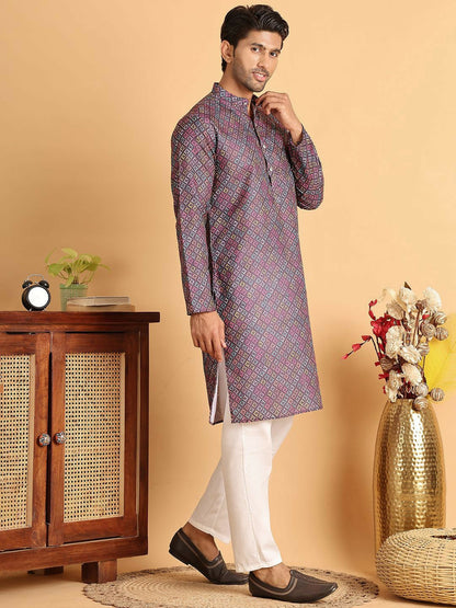 Men’s Purple Geometric Printed Kurta Set with Pyjamas