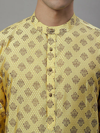 Men’s Yellow & White Woven Ethnic Kurta Set – Bright, Breezy & Traditional