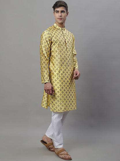 Men’s Yellow & White Woven Ethnic Kurta Set – Bright, Breezy & Traditional