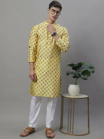 Men’s Yellow & White Woven Ethnic Kurta Set – Bright, Breezy & Traditional