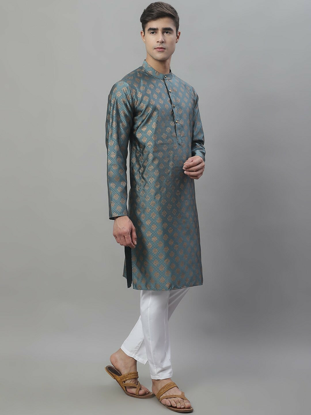 Men’s Grey & Gold Ethnic Woven Kurta Set – Subtle Elegance Meets Festive Charm